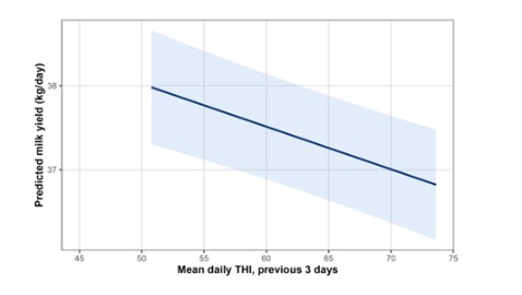 Figure 2. Graph showing negative effect of increasing THI on milk yield. Average loss of -0.25 kg/cow with an increase of 5 THI. Max THI increase above average THI observed in the project was by almost 20 THI units, a loss of 1 kg of milk per cow